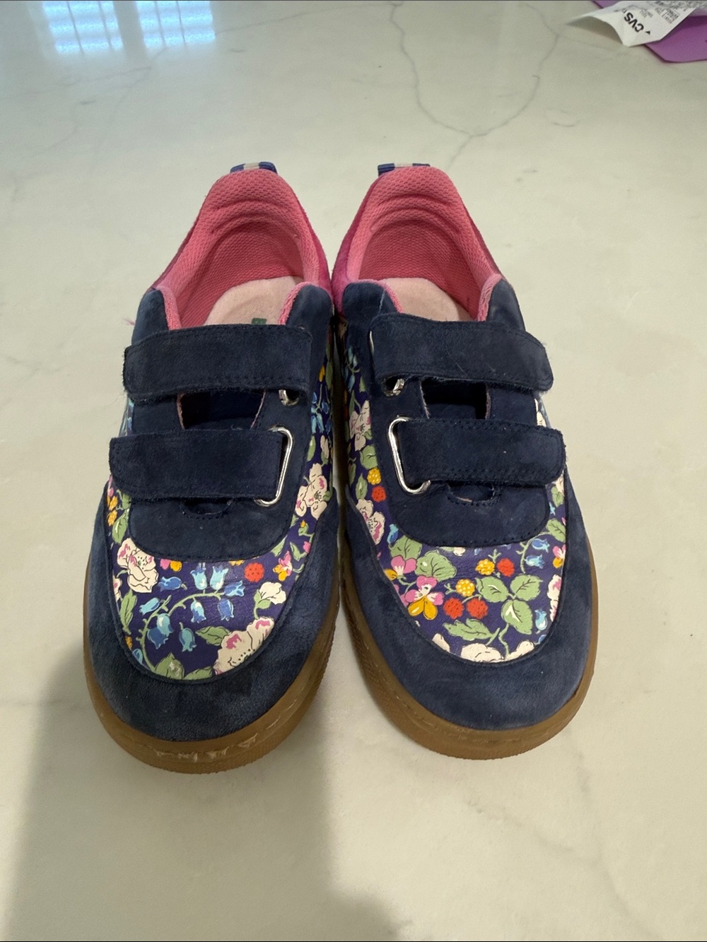 Mini Boden Navy Floral Velcro Sneakers with Pink Lining